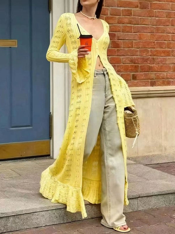 Pointelle Knit Bell Sleeve Duster Cardigan - Yellow