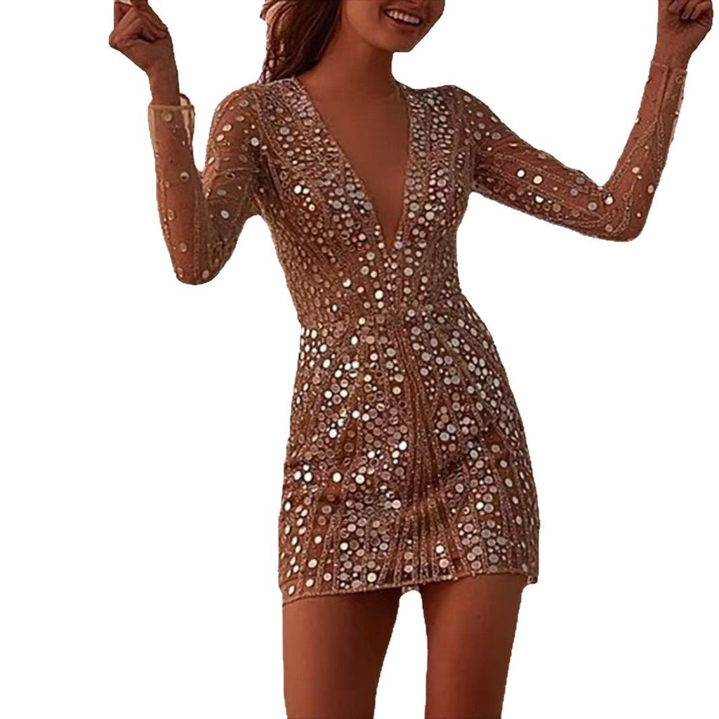 Sequin Deep V Long Sleeve Bodycon Mini Dress