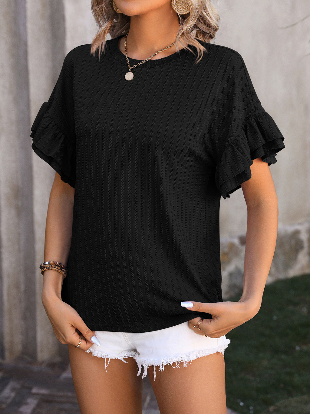 Layered Flutter Sleeve Ribbed Blouse - Black - 1