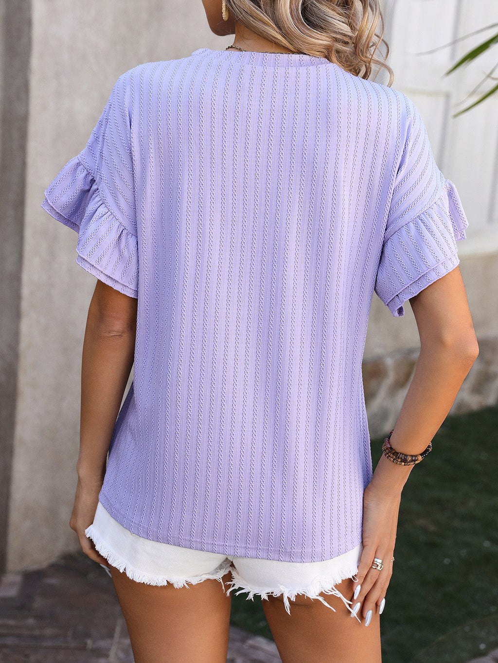 Layered Flutter Sleeve Ribbed Blouse - Purple - 1