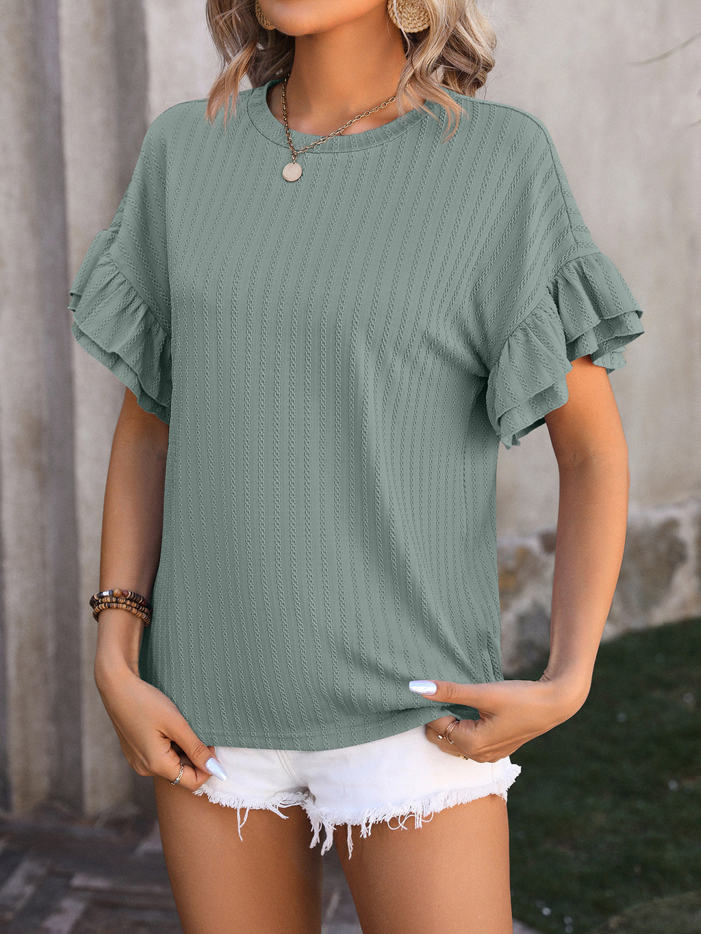 Layered Flutter Sleeve Ribbed Blouse - Sage - 1