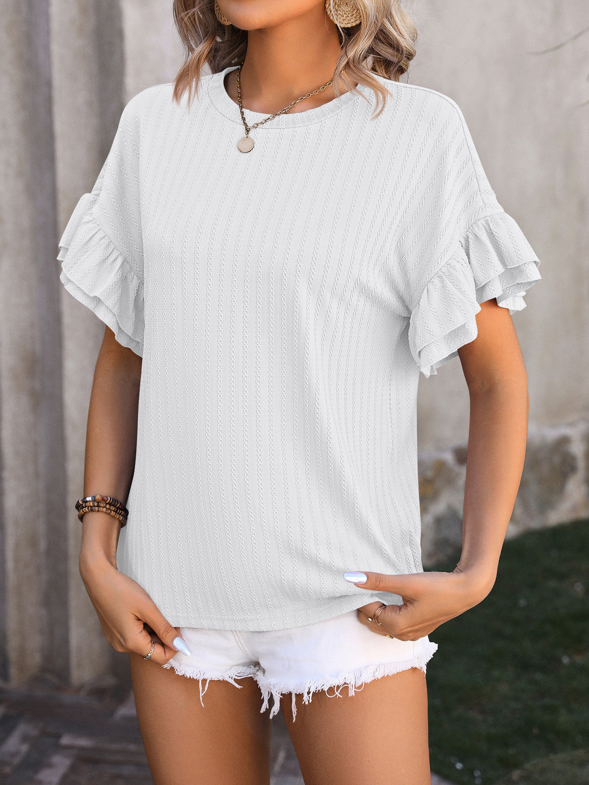 Layered Flutter Sleeve Ribbed Blouse - White - 1