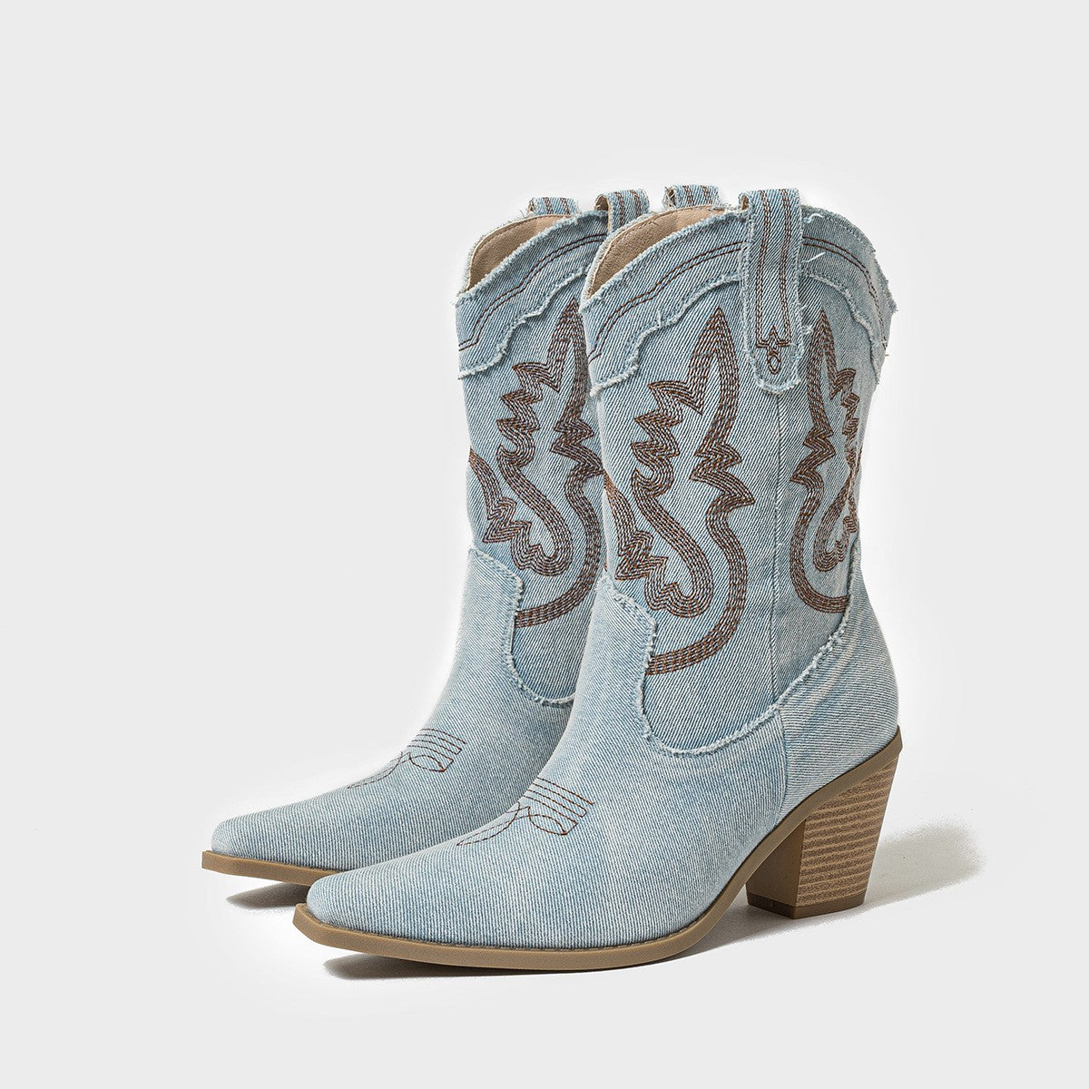 Embroidered Denim Mid Calf Western Boots - Light Denim