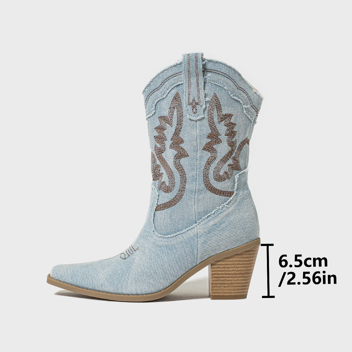 Embroidered Denim Mid Calf Western Boots