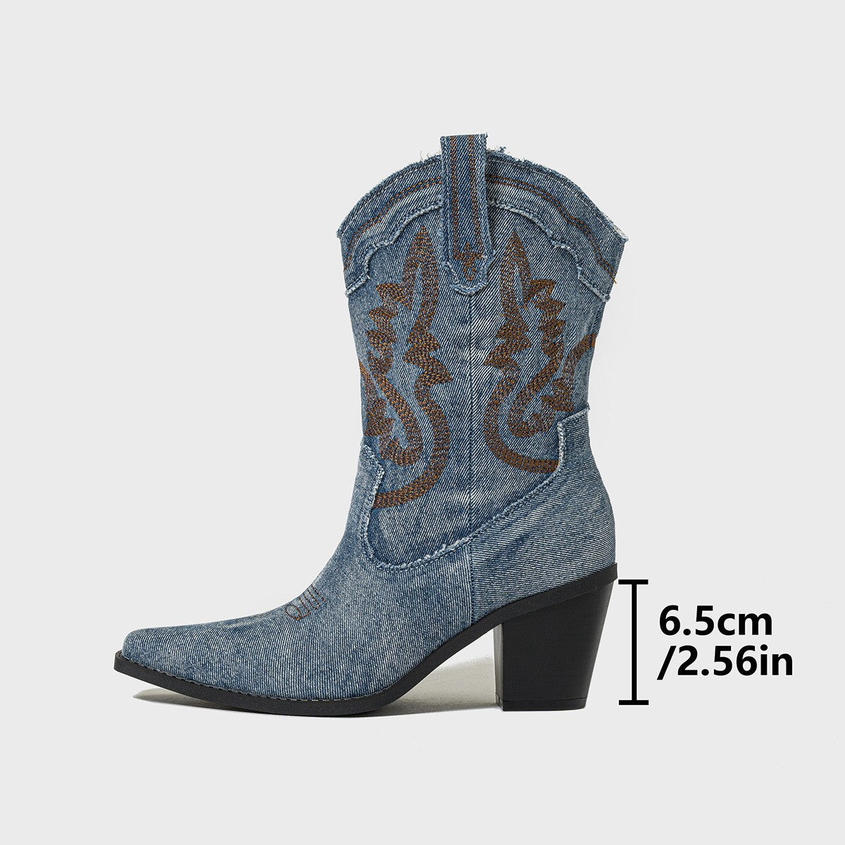 Embroidered Denim Mid Calf Western Boots
