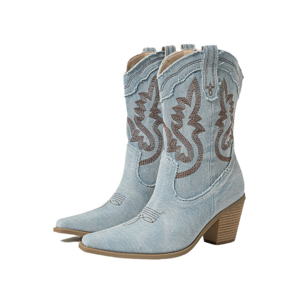 Embroidered Denim Mid Calf Western Boots