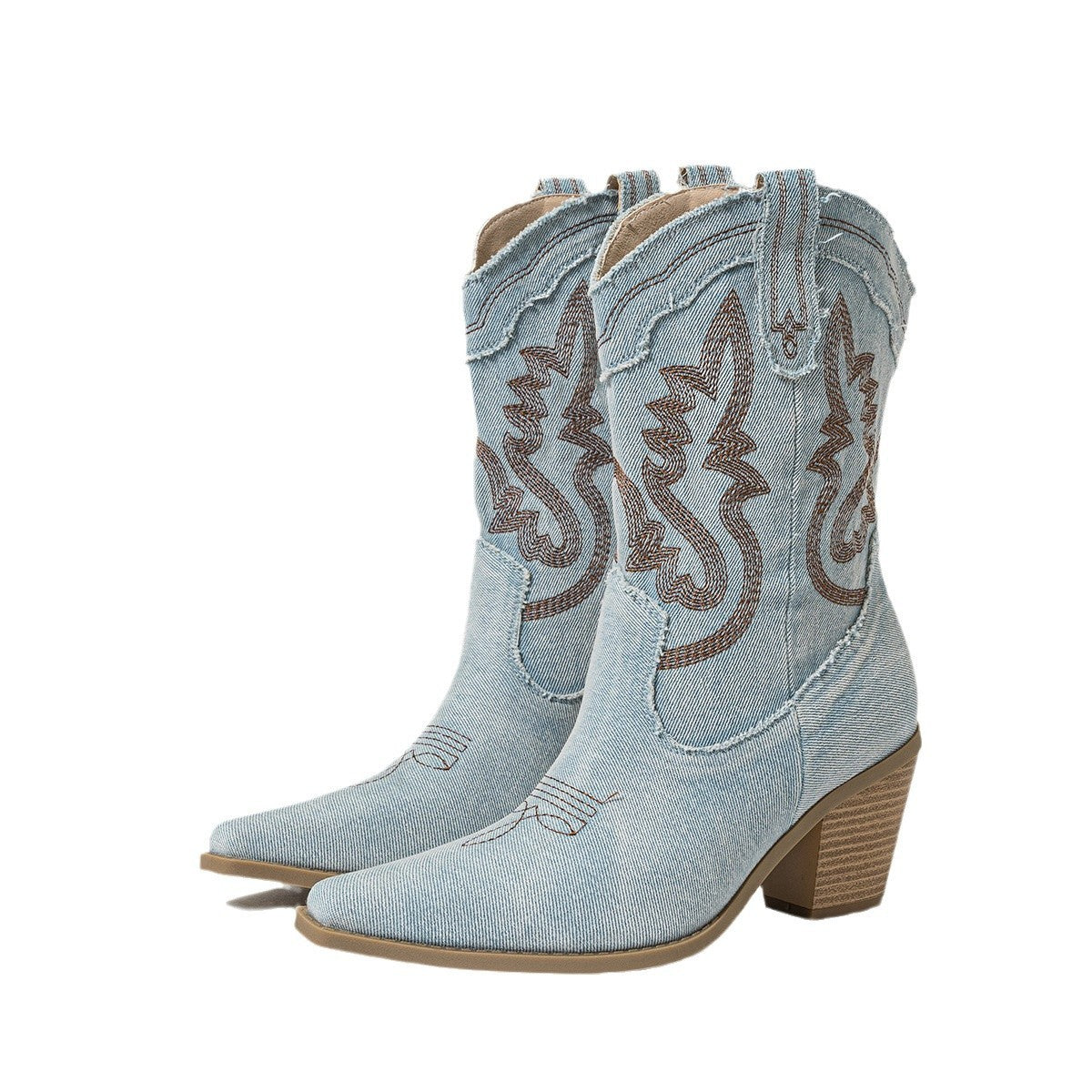 Embroidered Denim Mid Calf Western Boots