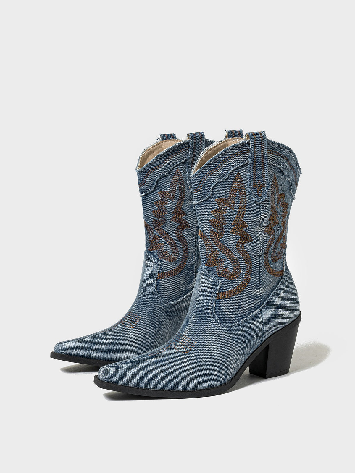 Embroidered Denim Mid Calf Western Boots
