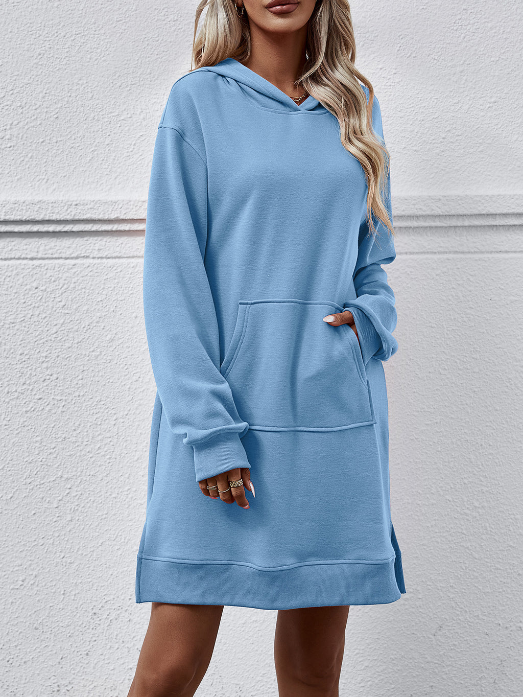 Hooded Sweatshirt Dress With Kangaroo Pocket - Blue - 1