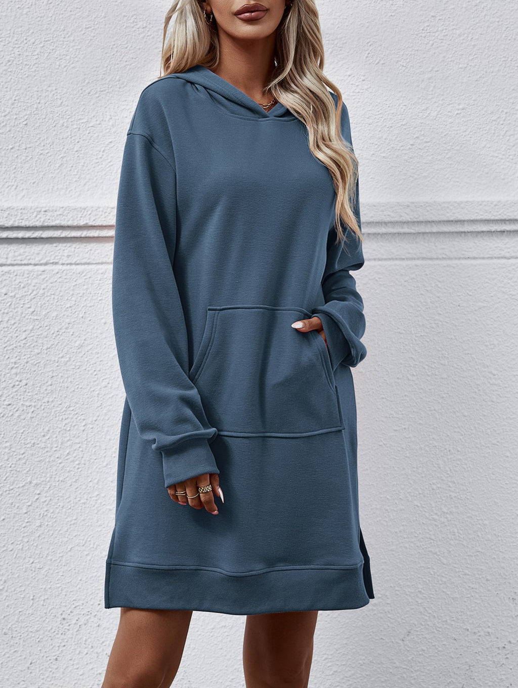 Hooded Sweatshirt Dress With Kangaroo Pocket - DarkBlue