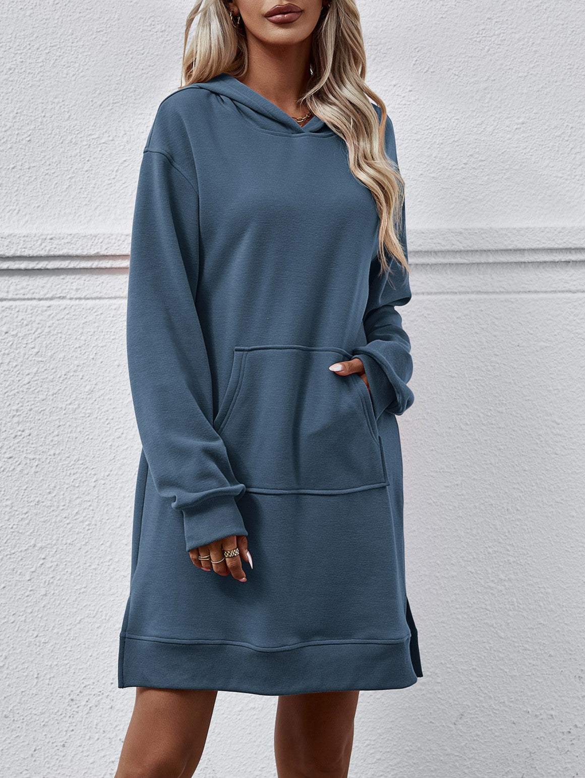 Hooded Sweatshirt Dress With Kangaroo Pocket - DarkBlue