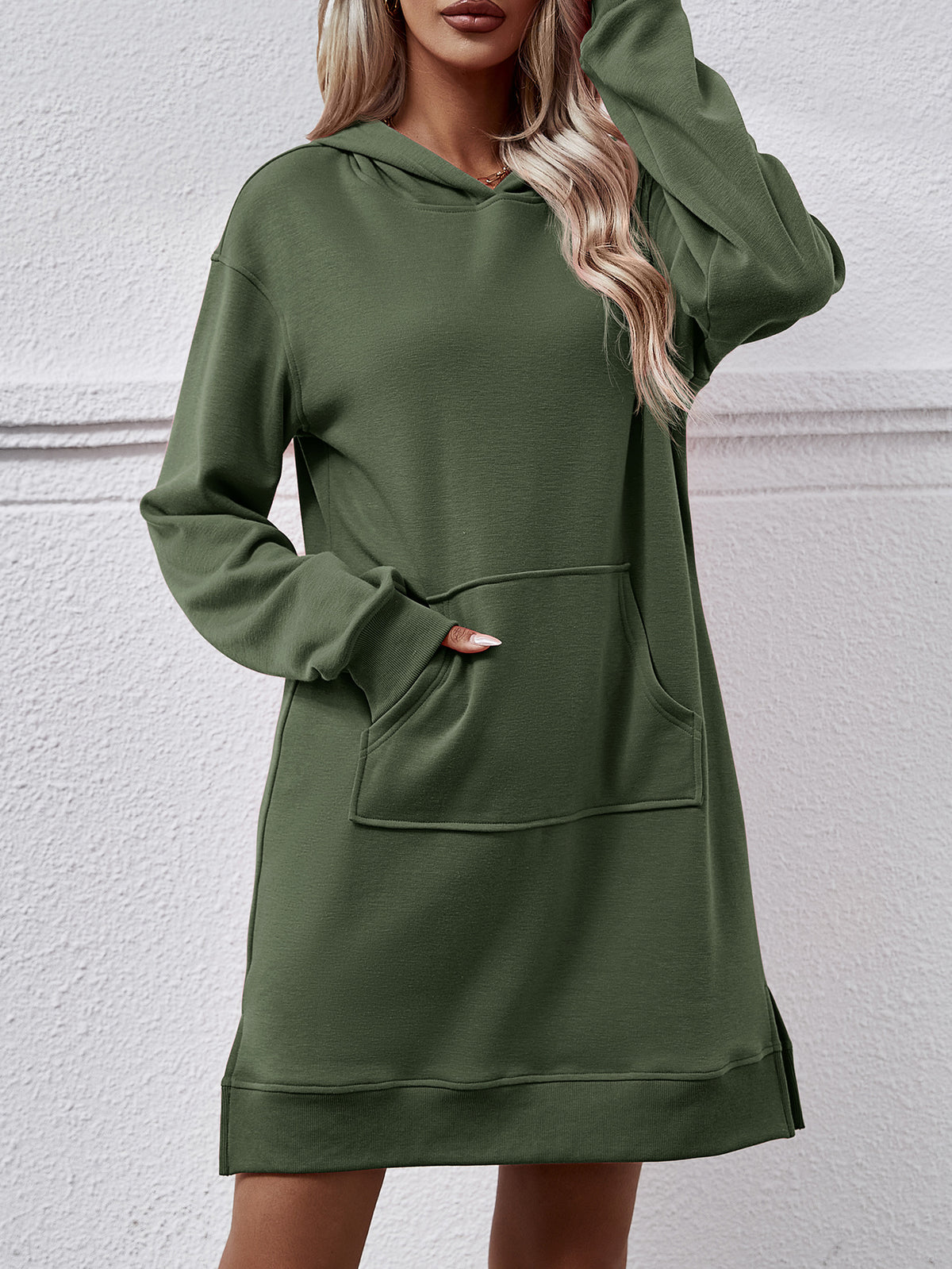 Hooded Sweatshirt Dress With Kangaroo Pocket - Green