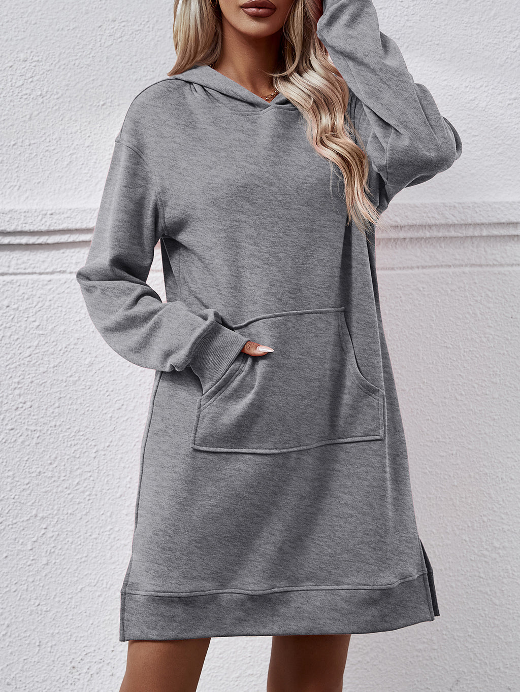 Hooded Sweatshirt Dress With Kangaroo Pocket - Grey