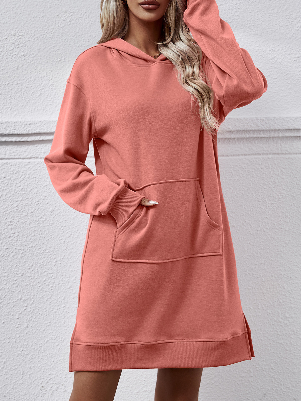 Hooded Sweatshirt Dress With Kangaroo Pocket - Orange