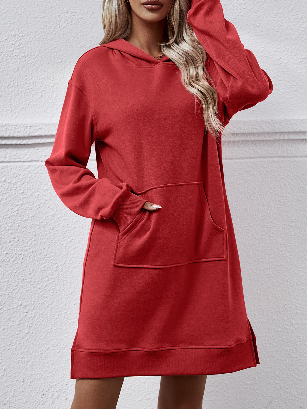 Hooded Sweatshirt Dress With Kangaroo Pocket - Red