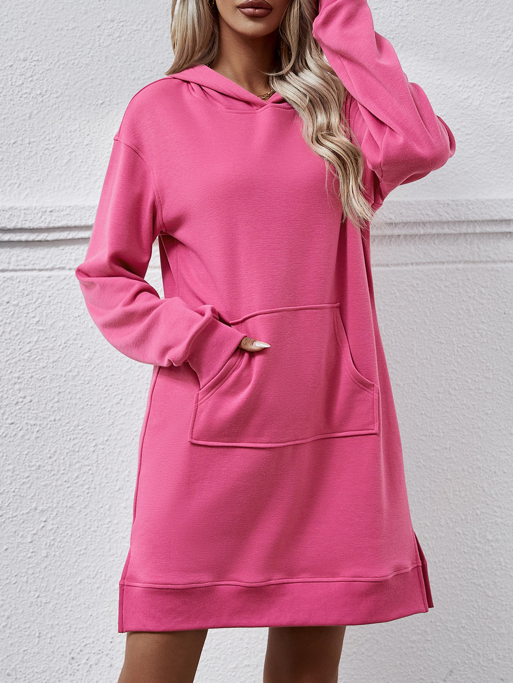 Hooded Sweatshirt Dress With Kangaroo Pocket - RoseRed