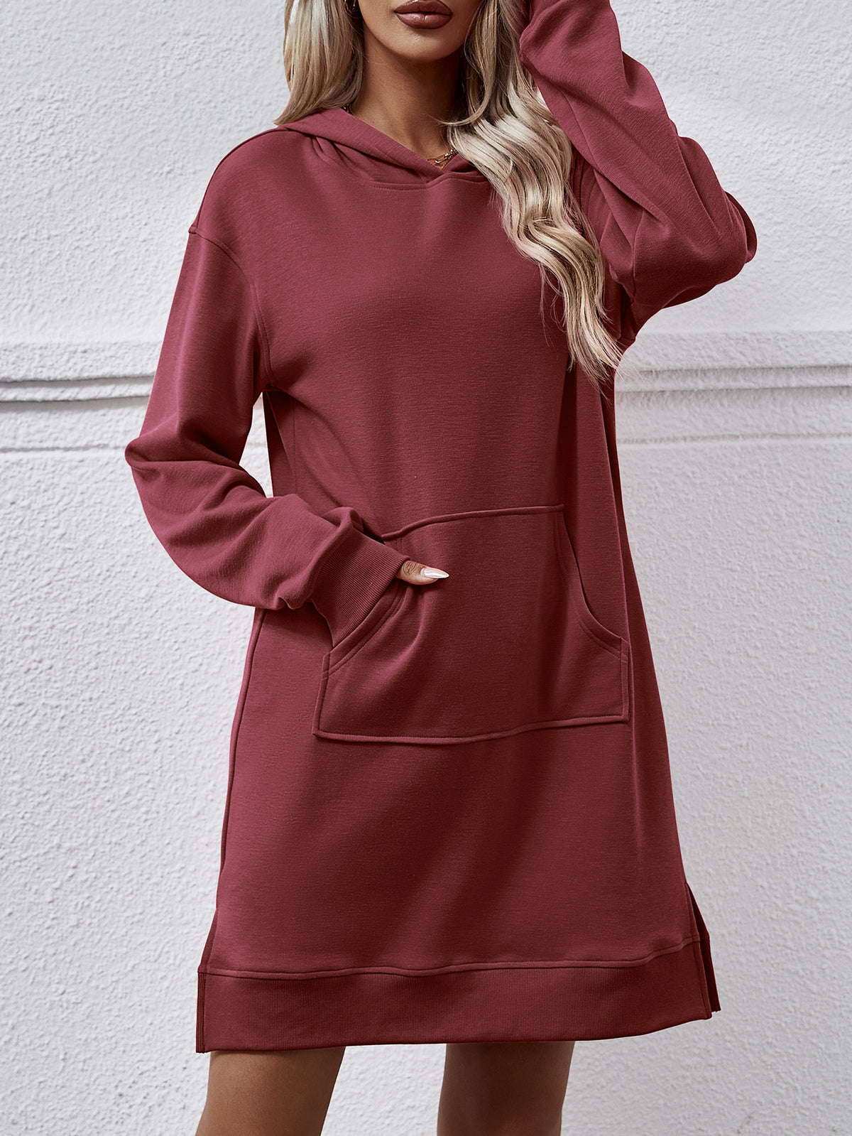 Hooded Sweatshirt Dress With Kangaroo Pocket - WineRed