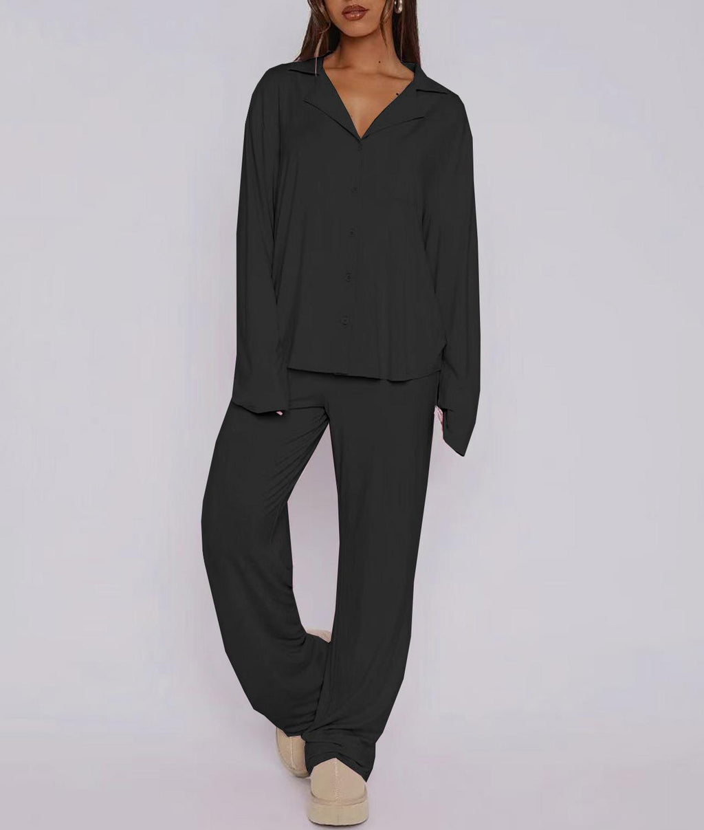 Ribbed Collared Top and Pants Lounge Set - Black