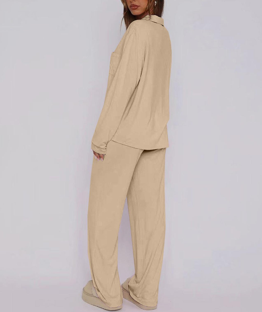 Ribbed Collared Top and Pants Lounge Set - Khaki - 1