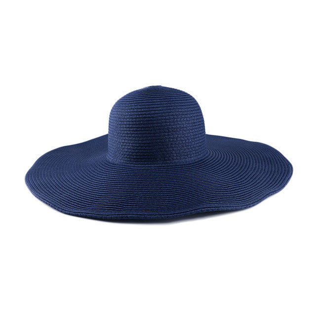 Foldable Floppy Wide Brim Straw Hat - Navy_Blue