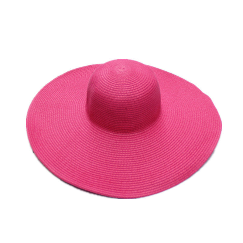 Foldable Floppy Wide Brim Straw Hat - Rose_Red