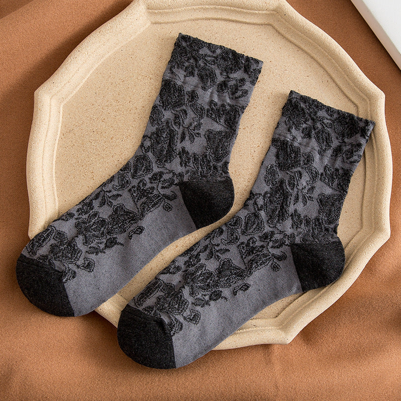 Vintage Embossed Floral Crew Socks - Black