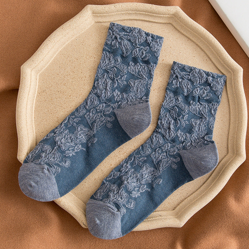 Vintage Embossed Floral Crew Socks - Blue