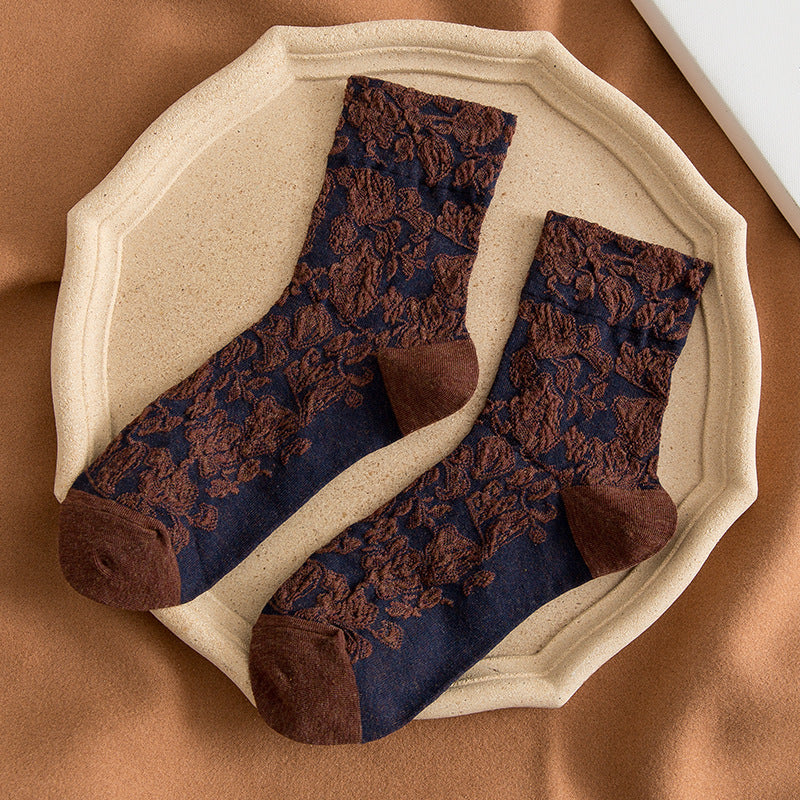 Vintage Embossed Floral Crew Socks - Coffee