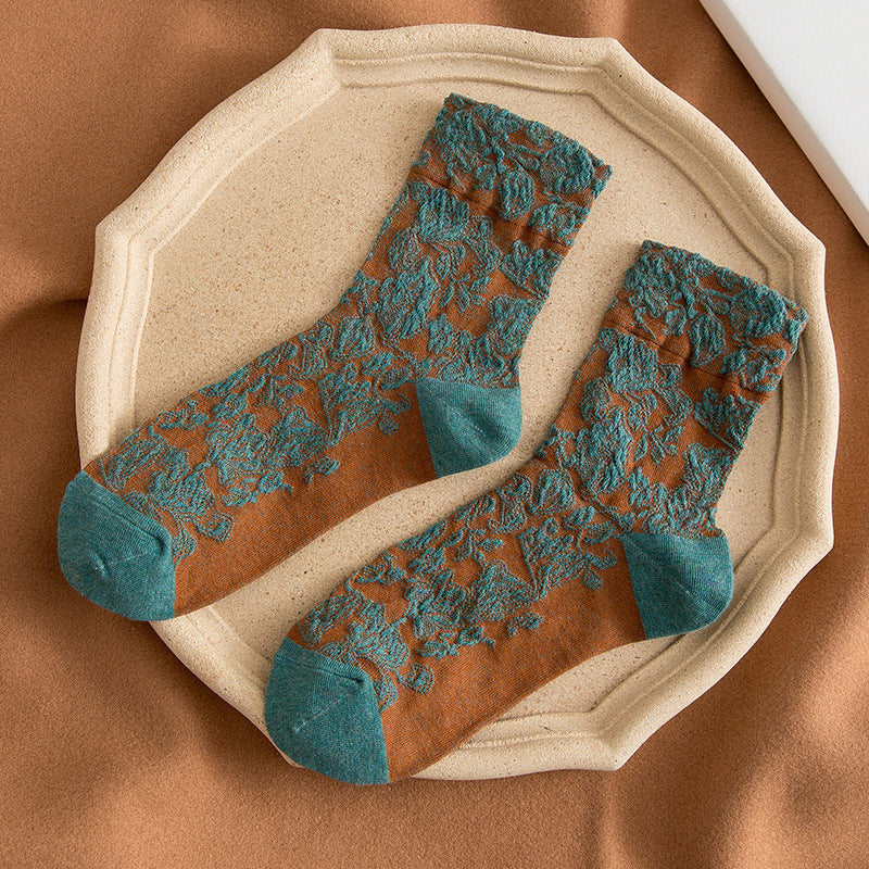 Vintage Embossed Floral Crew Socks - Green