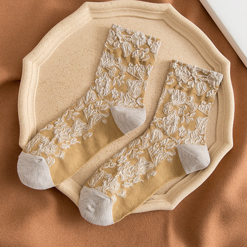 Vintage Embossed Floral Crew Socks - Yellow