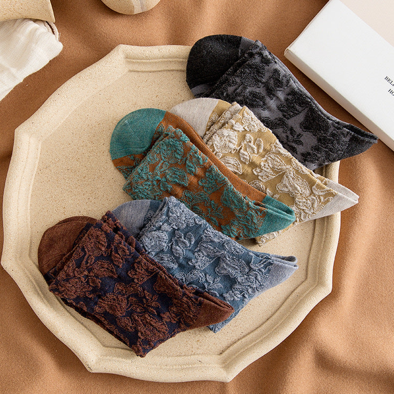 Vintage Embossed Floral Crew Socks