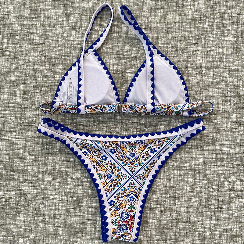 Boho Print Whipstitch Trim Bikini Set - Blue - 3