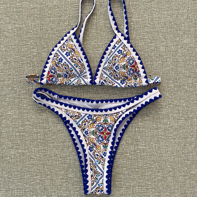 Boho Print Whipstitch Trim Bikini Set - Blue - 4
