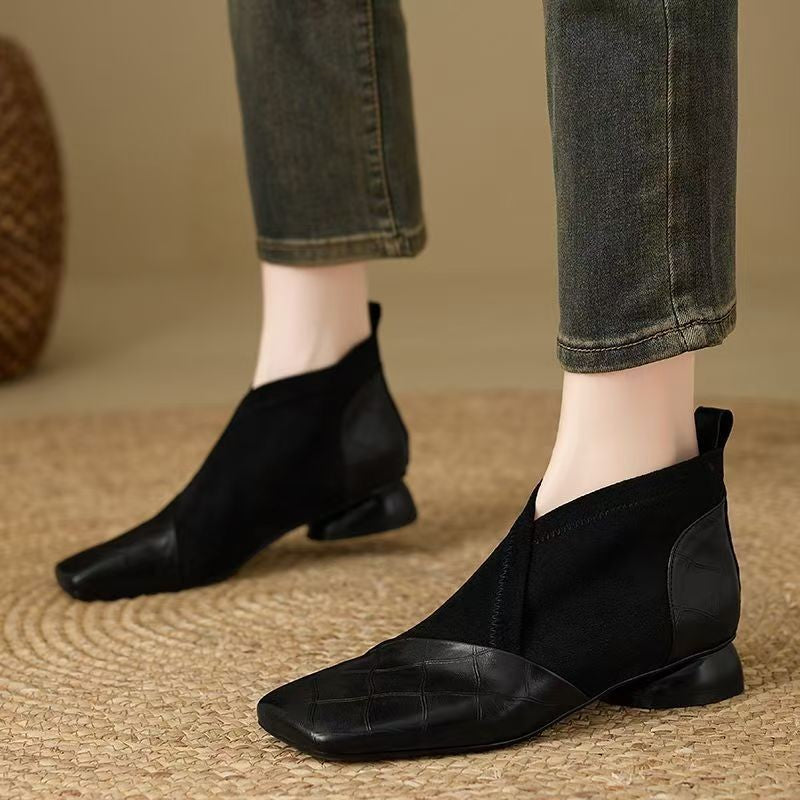 Croc Embossed Square Toe Ankle Boots with V Cut - Black