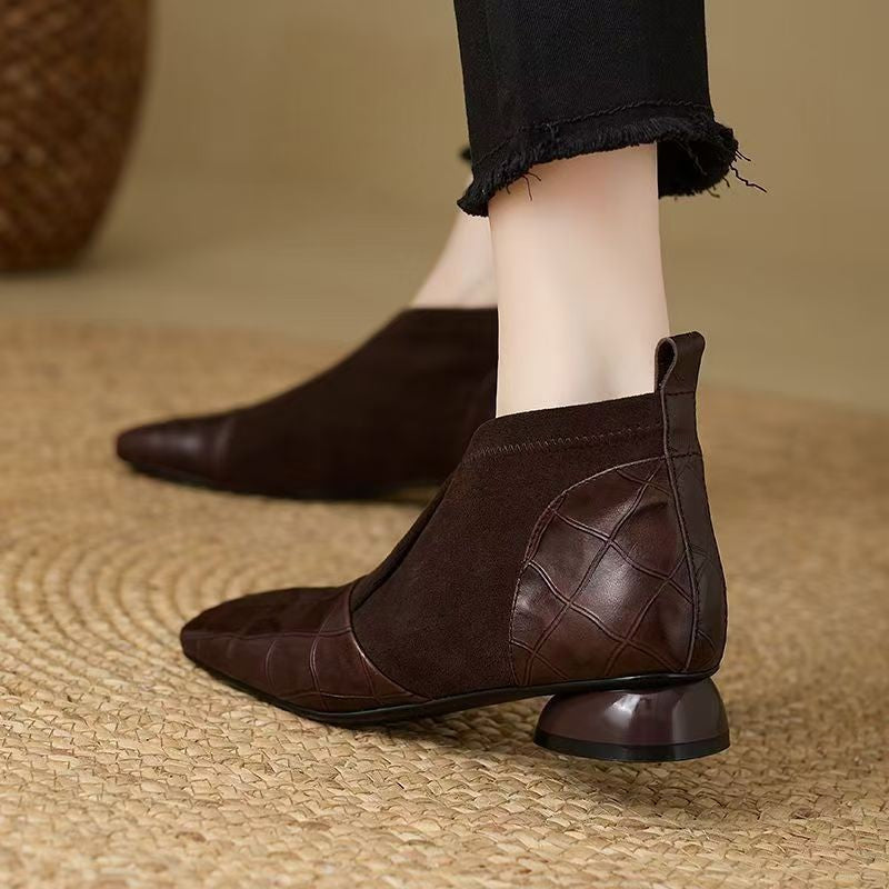 Croc Embossed Square Toe Ankle Boots with V Cut