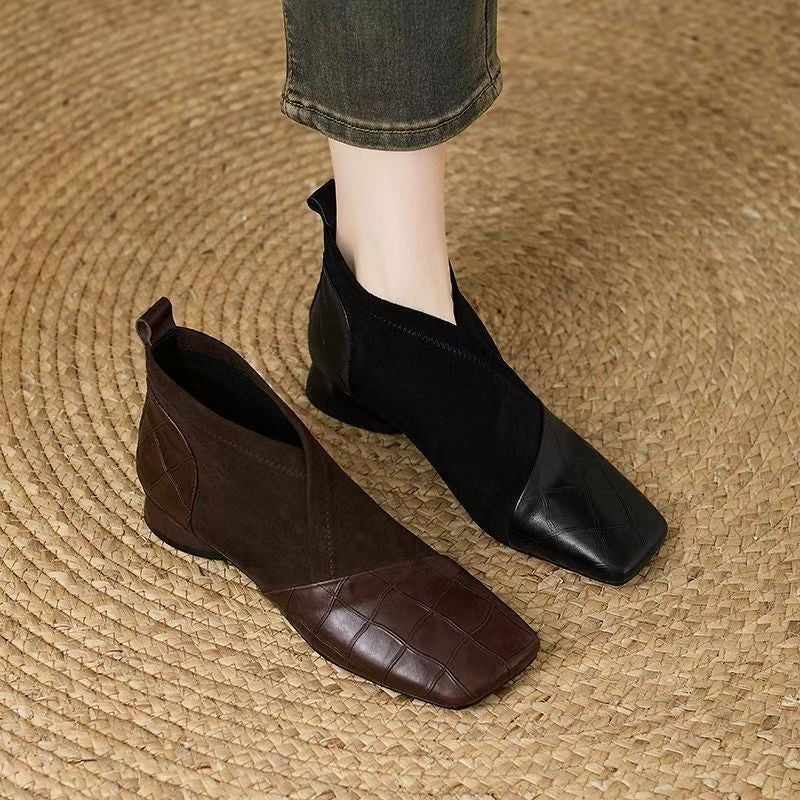Croc Embossed Square Toe Ankle Boots with V Cut