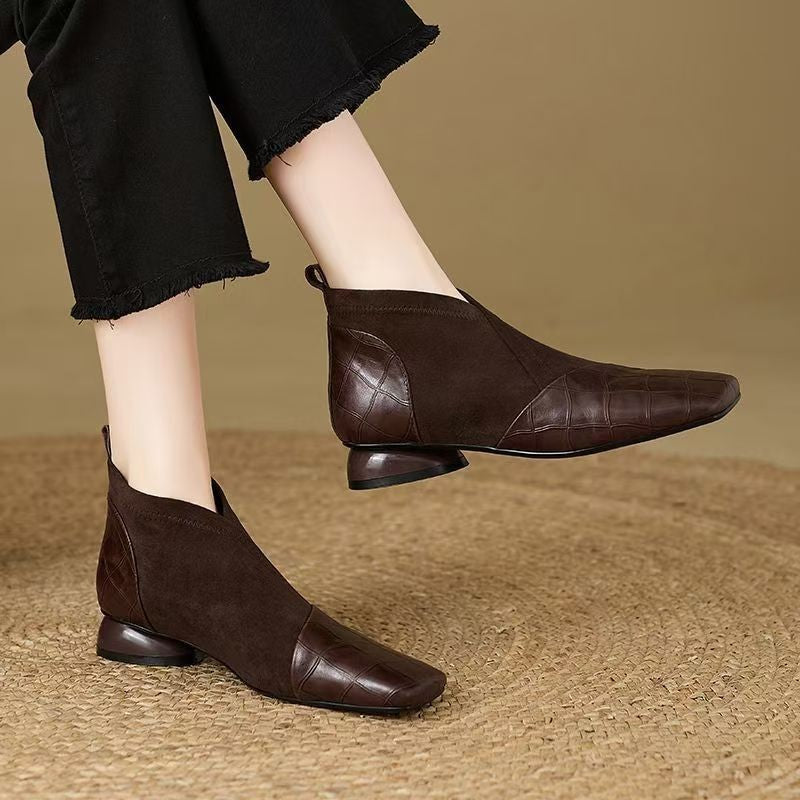 Croc Embossed Square Toe Ankle Boots with V Cut