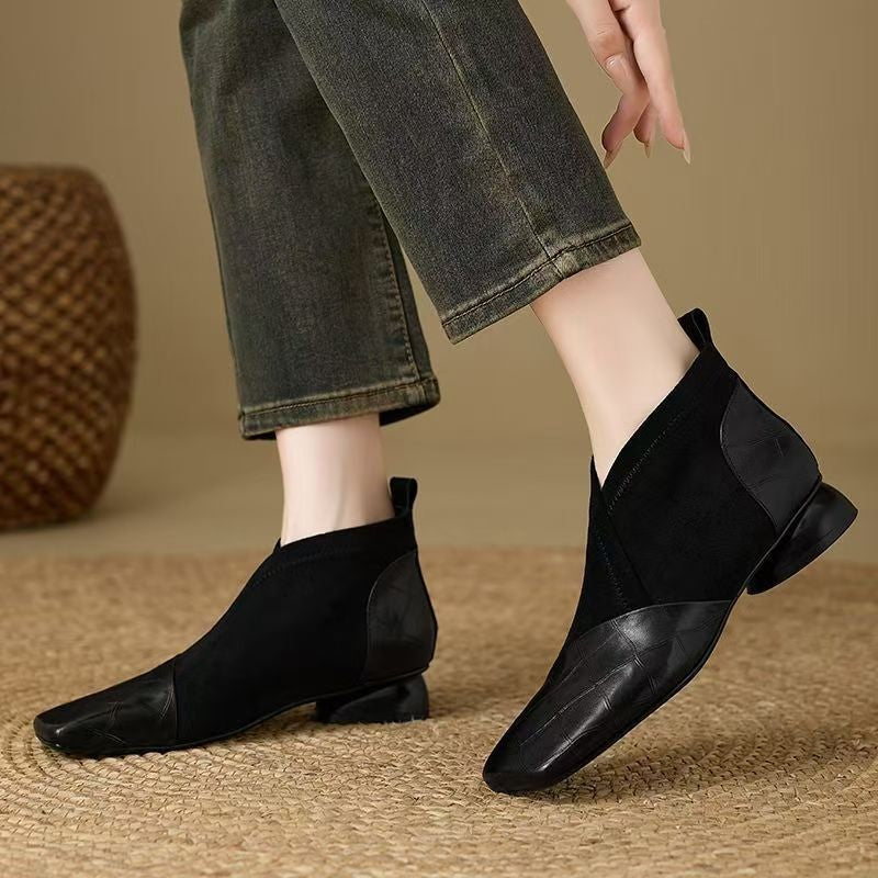 Croc Embossed Square Toe Ankle Boots with V Cut