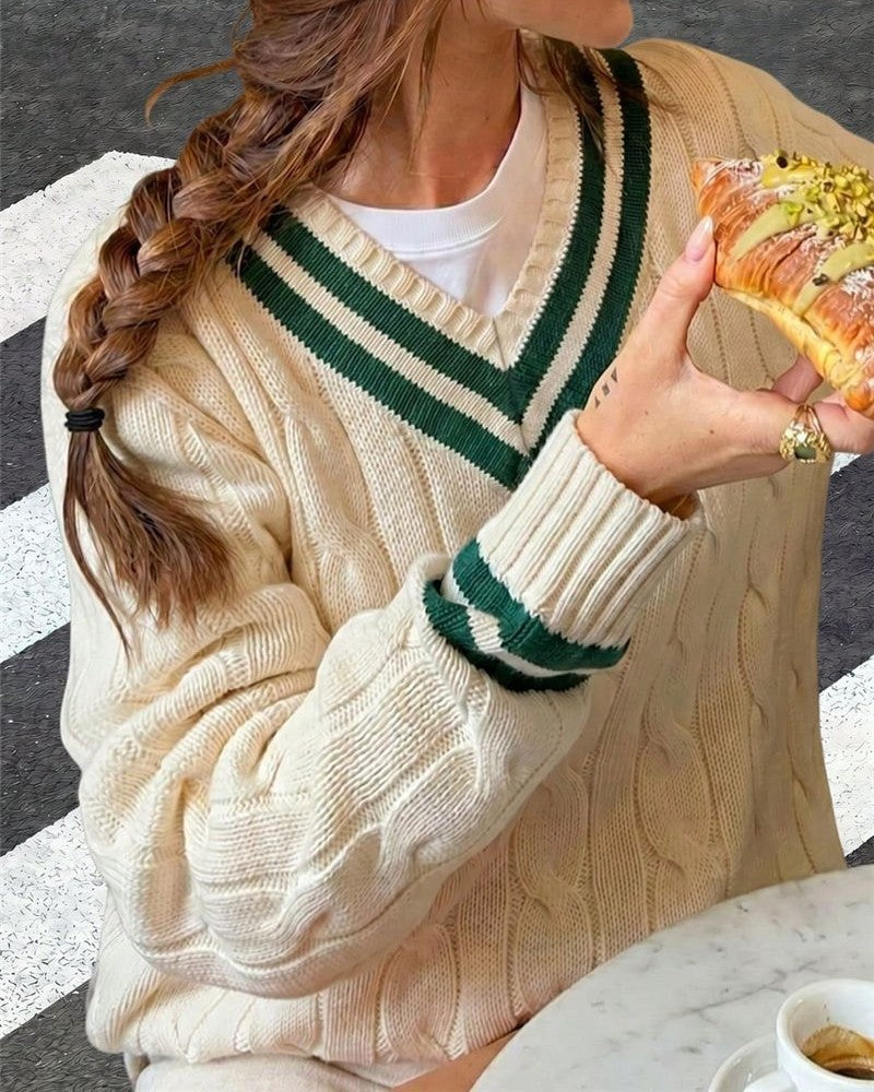 Oversized Cable Knit Varsity Stripe Sweater - White