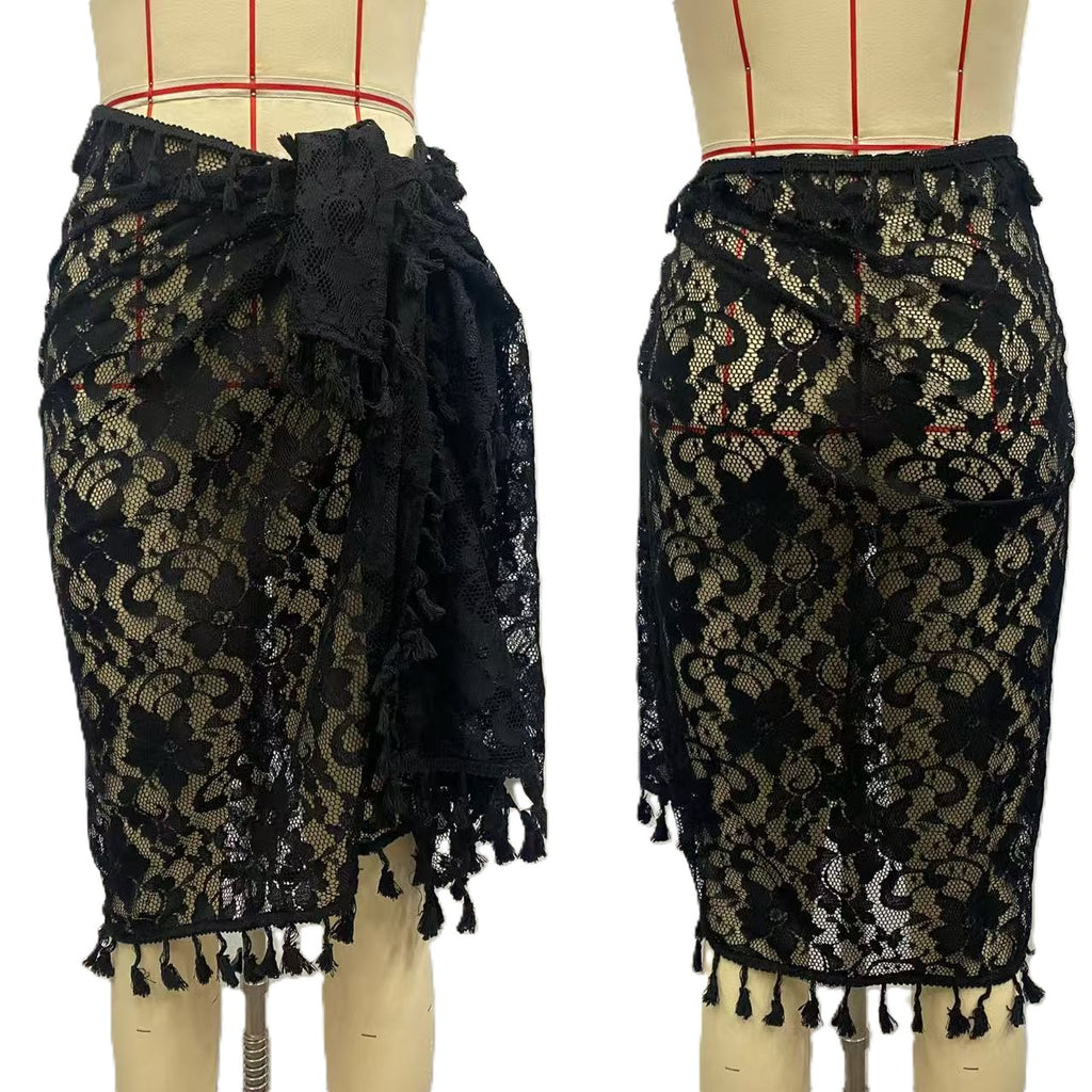 Floral Lace Tassel Sarong Swim Cover Up - Black - 1
