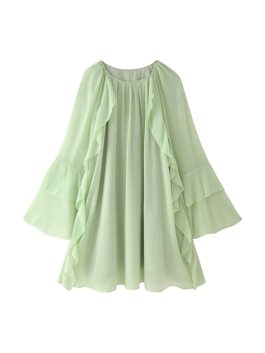 Chiffon Ruffle Sleeve Babydoll Mini Dress - Green