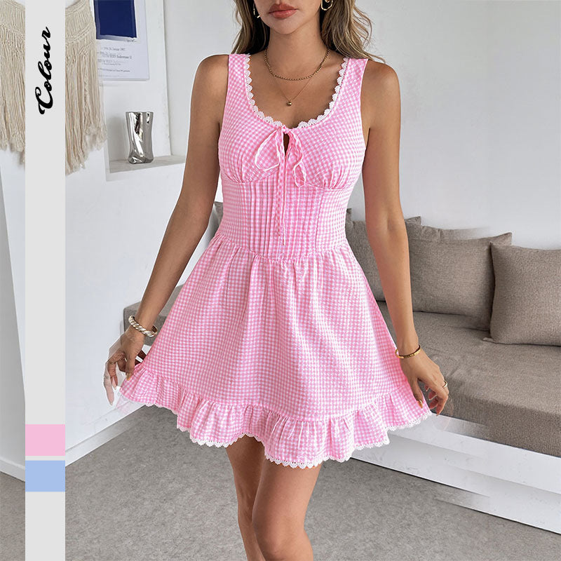 Gingham Smocked Lace-Trim Tie-Front Mini Sundress - Pink