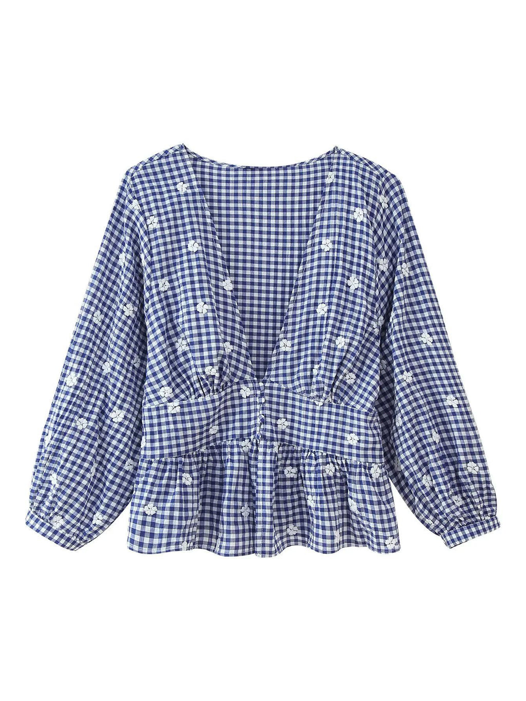 Embroidered Gingham Peplum V Neck Blouse - Blue