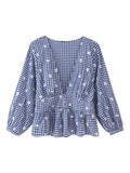 Embroidered Gingham Peplum V Neck Blouse - Blue