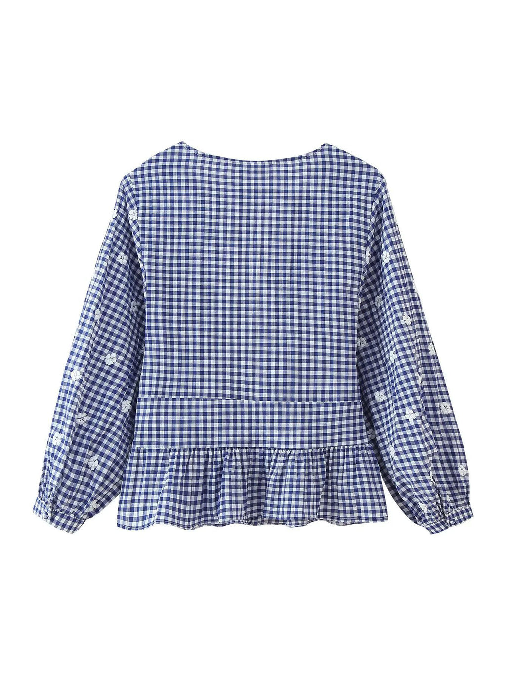 Embroidered Gingham Peplum V Neck Blouse - Blue - 1