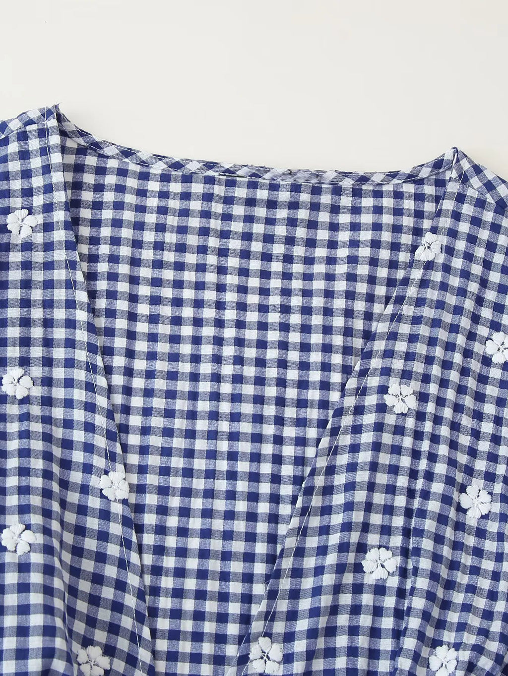 Embroidered Gingham Peplum V Neck Blouse - Blue - 2