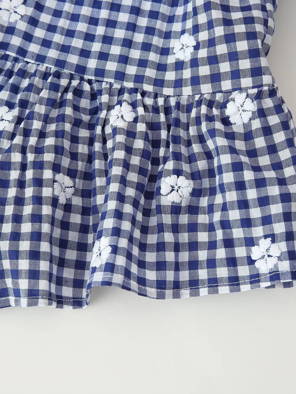 Embroidered Gingham Peplum V Neck Blouse - Blue - 3