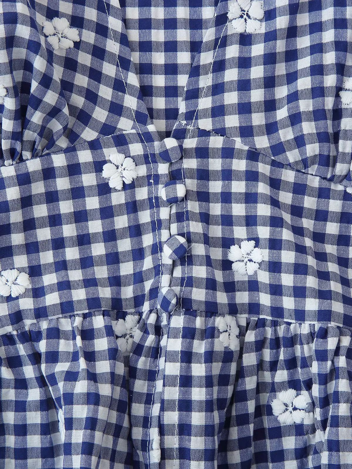 Embroidered Gingham Peplum V Neck Blouse - Blue - 5