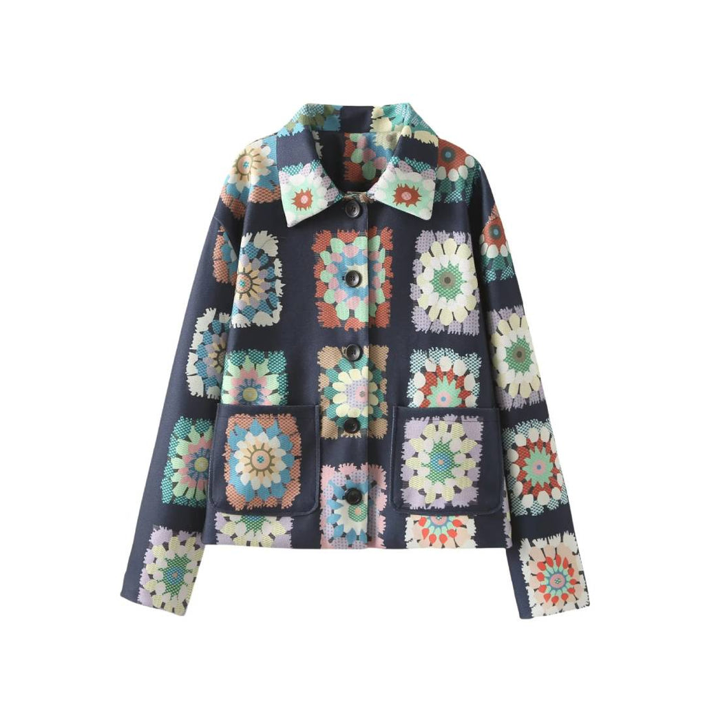 Retro Granny Square Floral Print Jacket - Navy