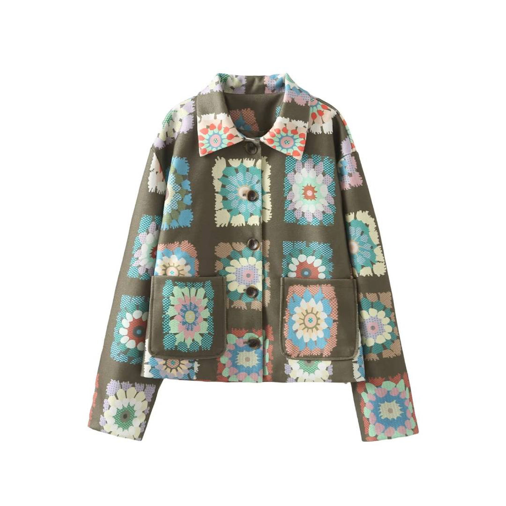 Retro Granny Square Floral Print Jacket - Olive